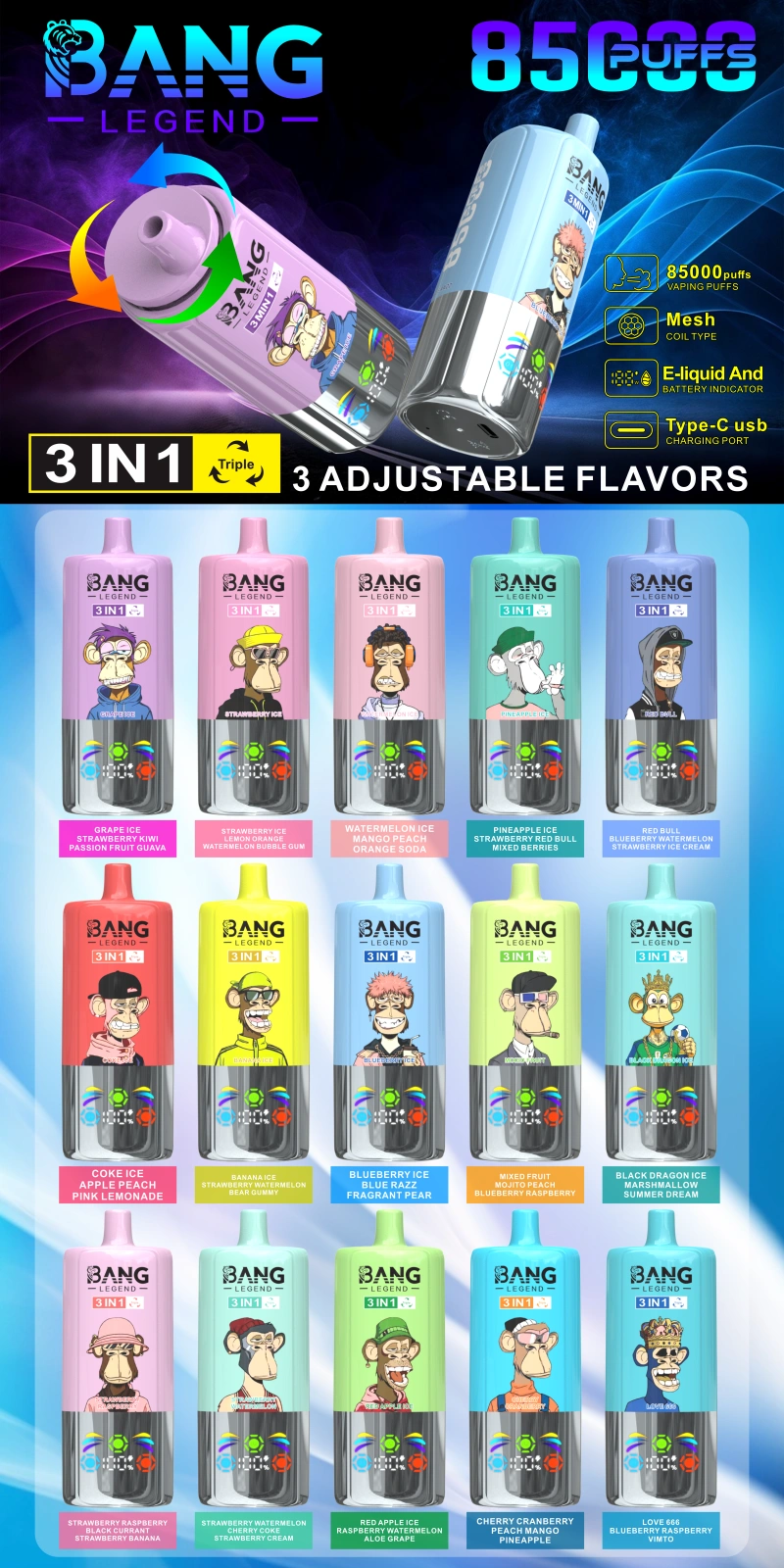 Bang Legend 85000 Puffs 85k Vape Desechable 3 en 1 Envío Gratis desde Almacén en China