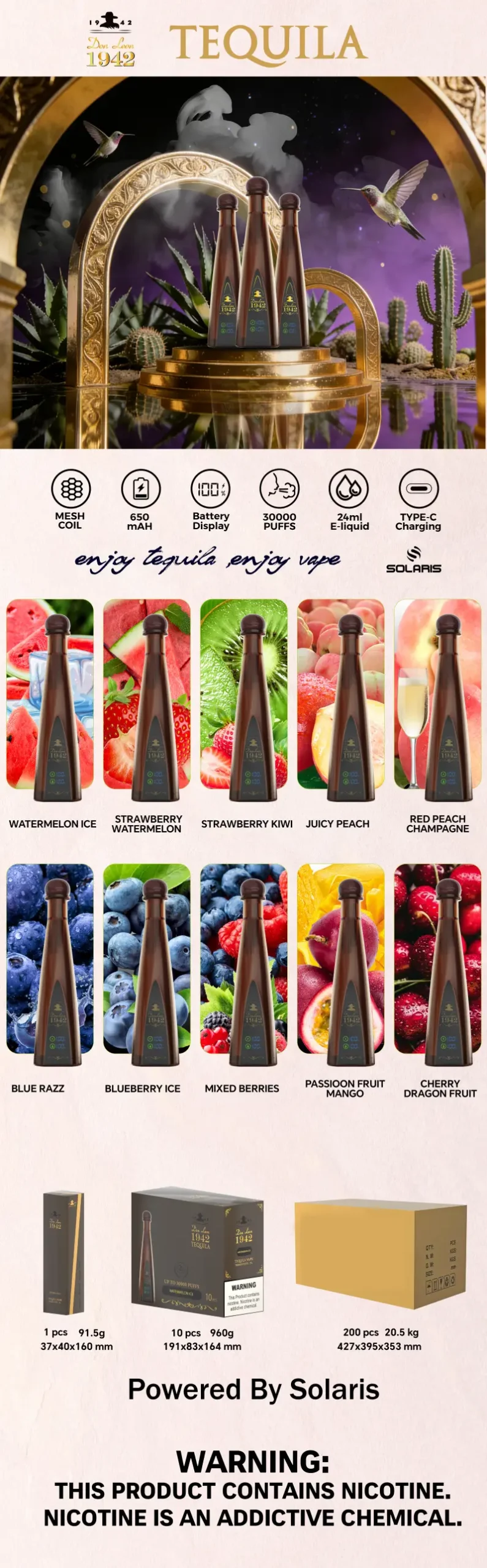 Solaris Tequila 30000 Puffs Don Leon 1942 30k Vape Desechable Pen Almacén UE