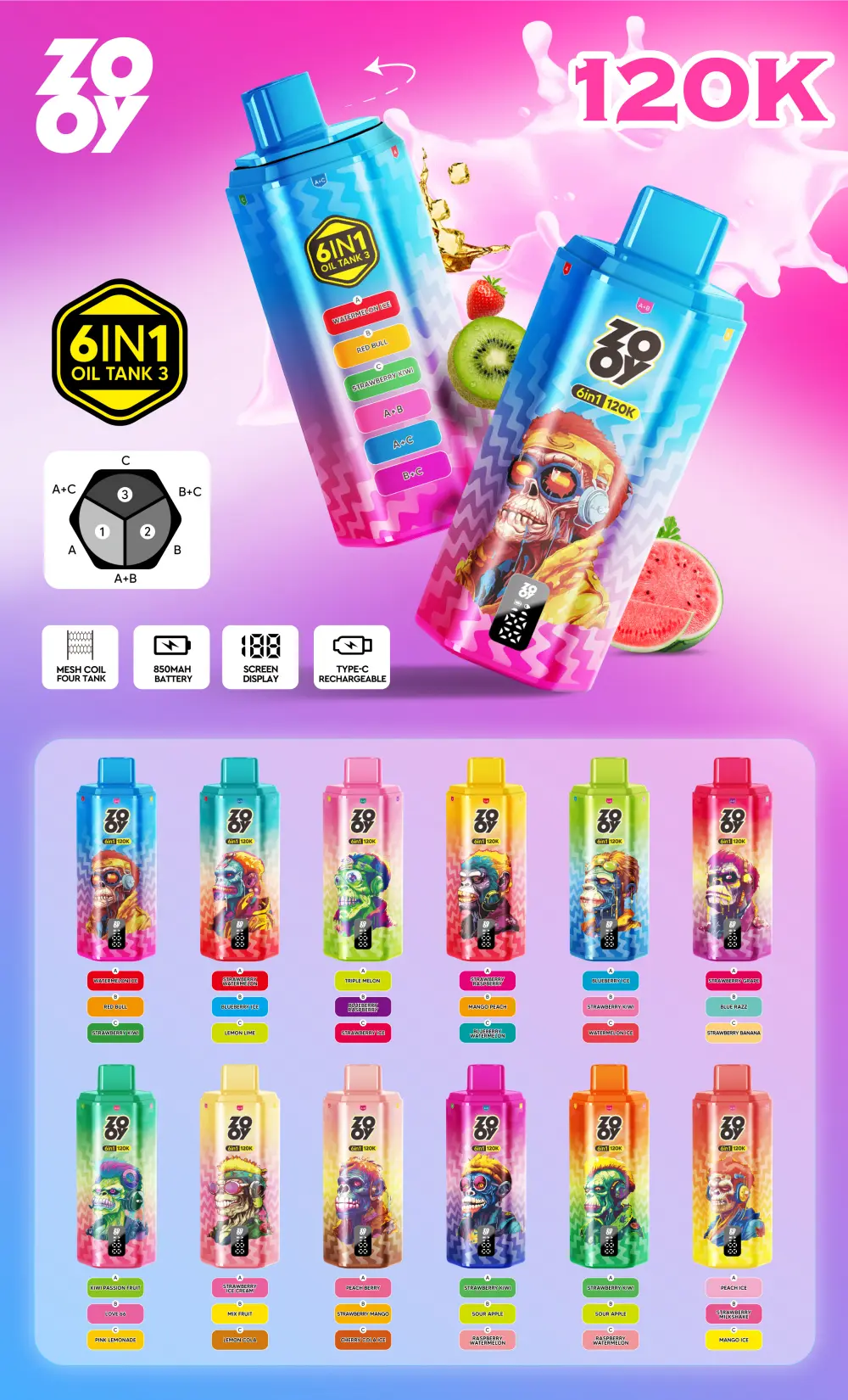 ZOOY 120K Puffs 6 en 1 Vape desechable 120000 Envío gratis desde almacén de la UE