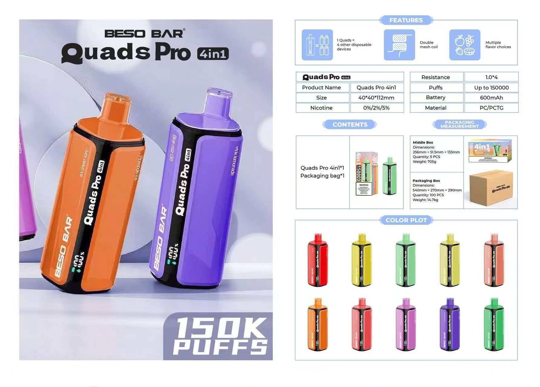 BESO BAR Quads Pro 150K Puffs 4 en 1 Vape Desechable con Sabores de Fruta Envío Gratis