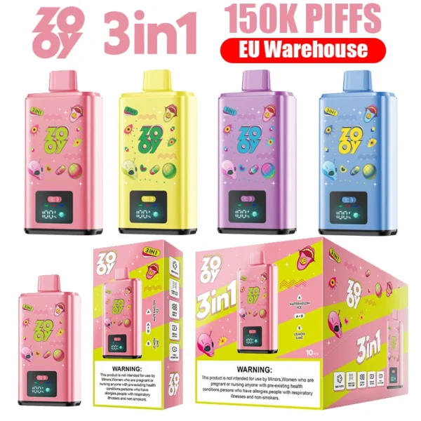 Zooy 150K Puffs 150000 Sabores Triples Vape Desechable 3 En 1 Venta Al Por Mayor Almacén De La UE