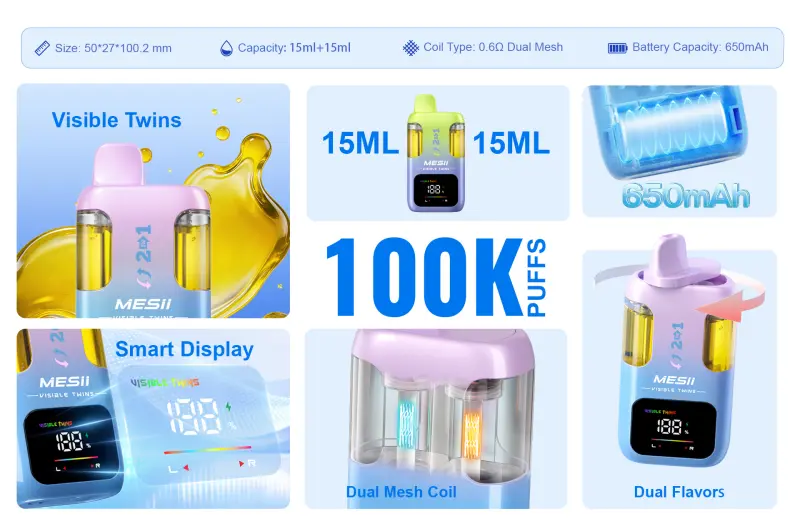 Mesii 100K Puffs Vaper Desechable Diseño Visible Twins 2 Sabores