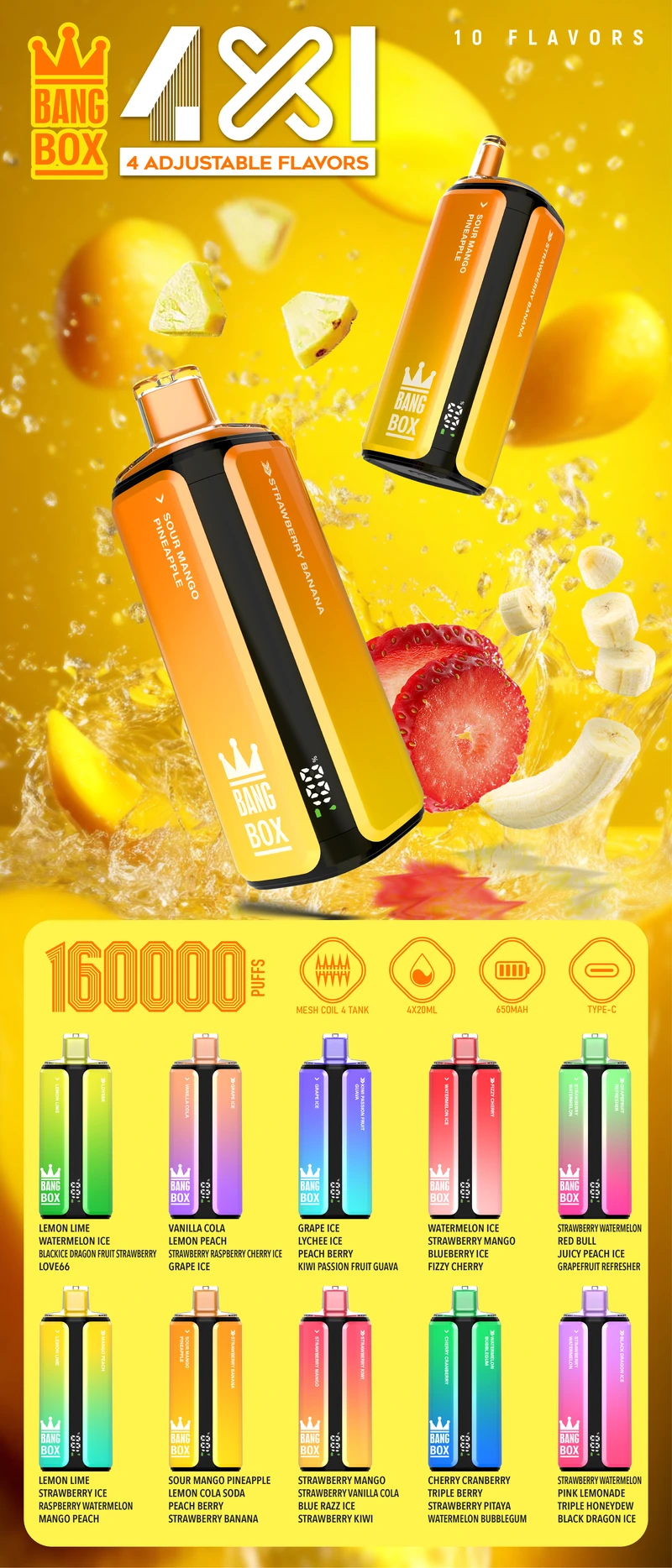 Bang Box 160K Caladas 4 en 1 Sabores Ajustables Vaper Desechable Tienda Envío Gratis