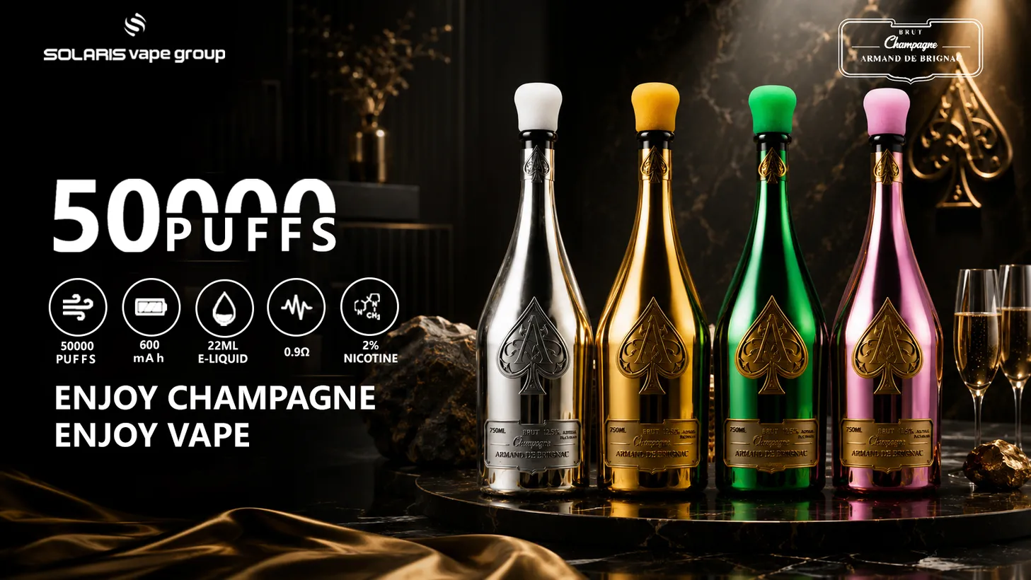 Solaris Champagne 50000 Caladas 50k Puffs Armand De Brignac Comprar vape desechable al por mayor 16 Solaris Champagne 50000 Caladas 50k Puffs Armand De Brignac
