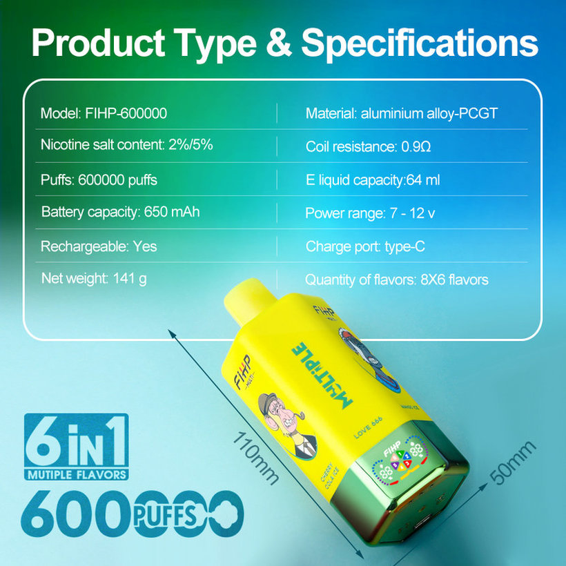 FIHP 600K MULTI 600000 Caladas Vape Desechable Almacén UE 6 En 1 Compra al Por Mayor Pantalla LED 16 FIHP 600K MULTI 600000 Puffs